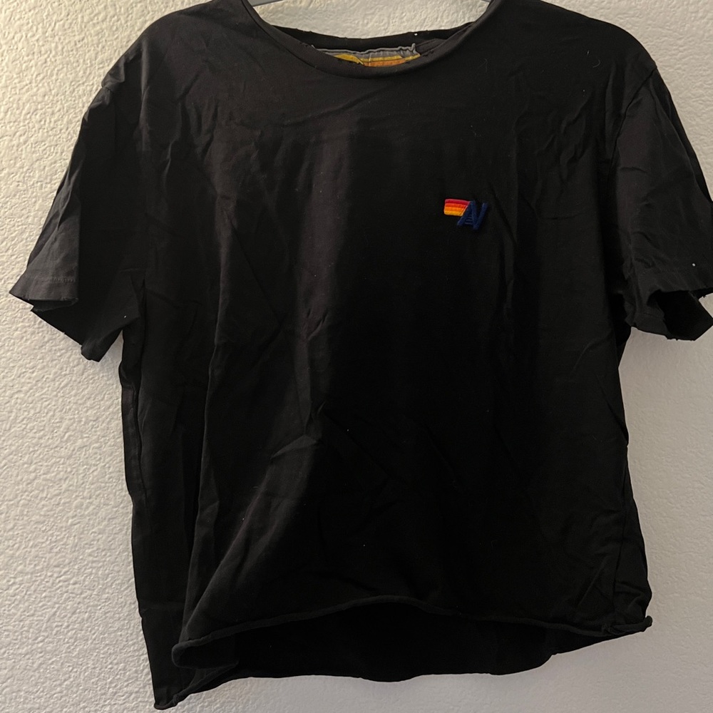 Aviator Nation Black Tee with Small Rainbow Logo Large Crop